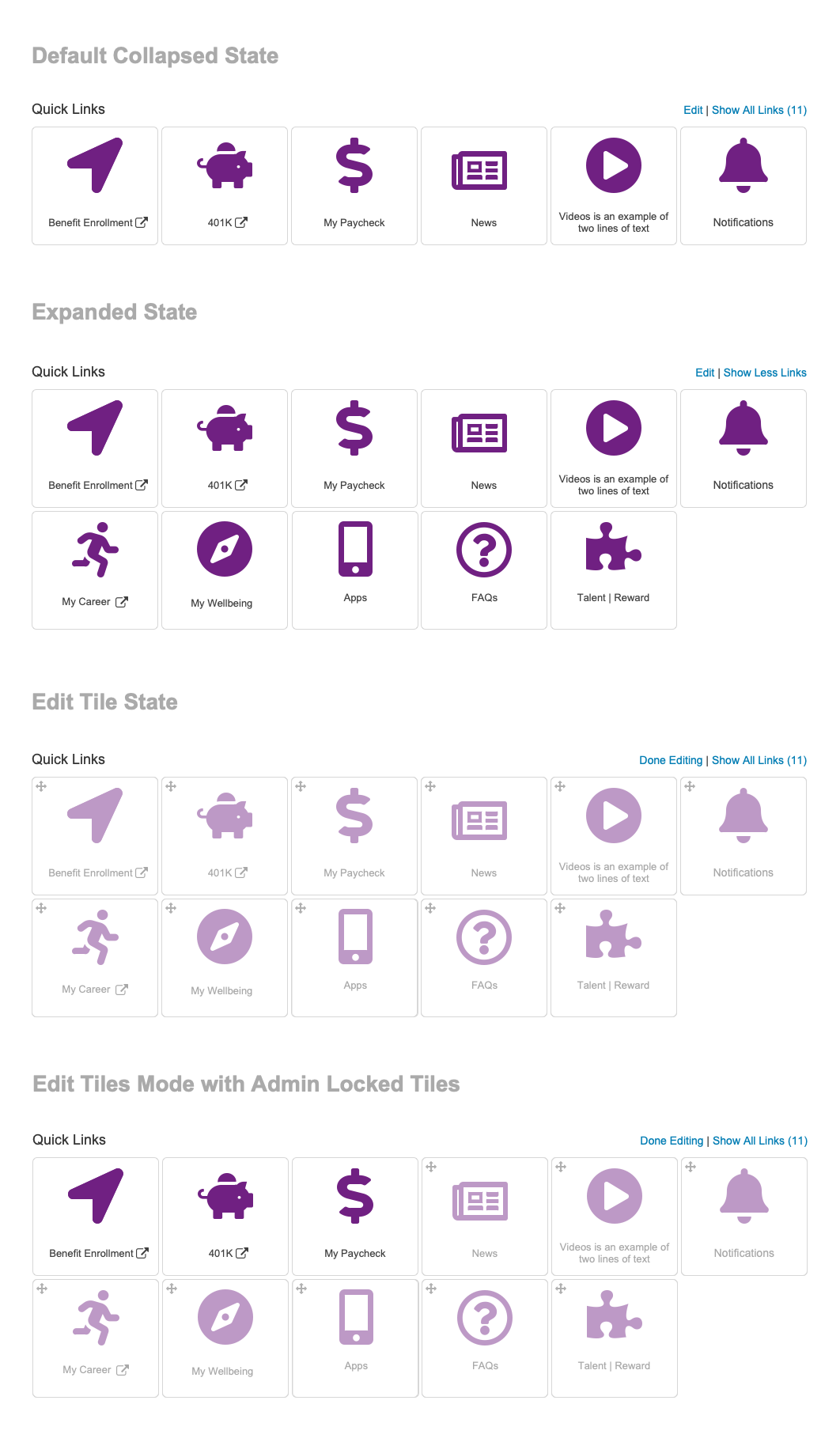 Quick Links Wireframes and Conditions