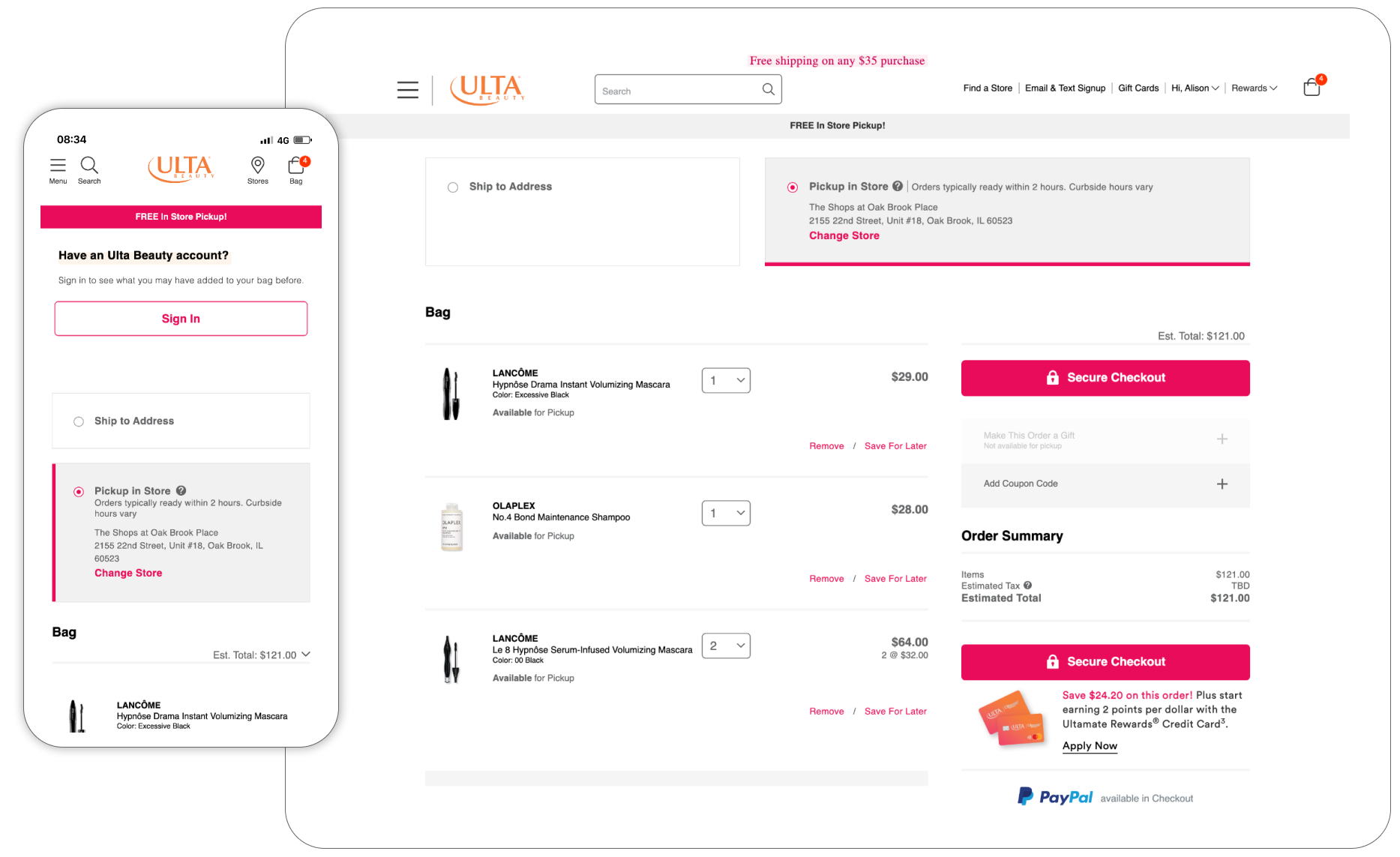 Ulta devices display with pickup selected